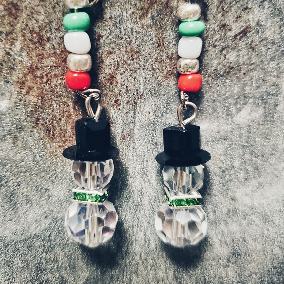 Crystal Beaded Snowman earrings hand made - Picture 1 of 2
